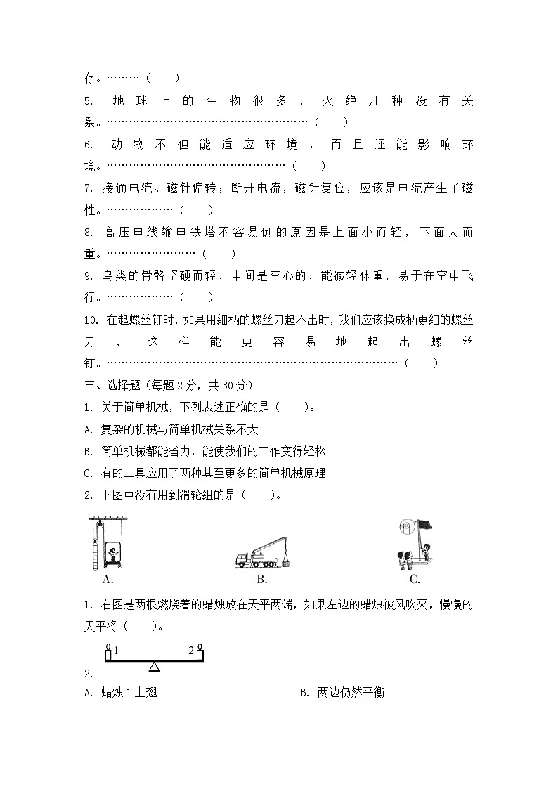 新教科版六年级上册科学期末试卷第2页