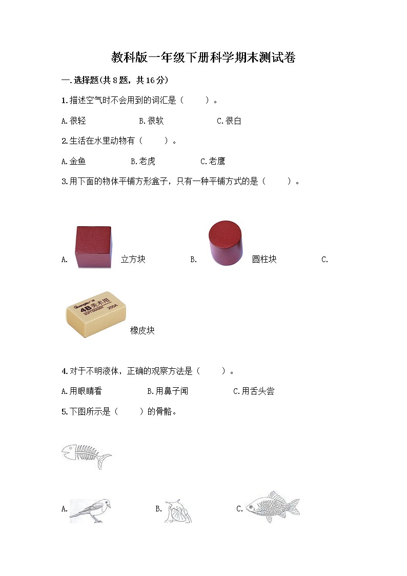 教科版一年级下册科学期末测试卷带答案（能力提升）含答案AB卷01