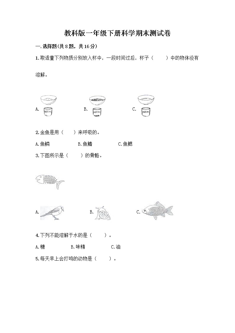 教科版一年级下册科学期末测试卷及答案（考点梳理）及答案（典优）01