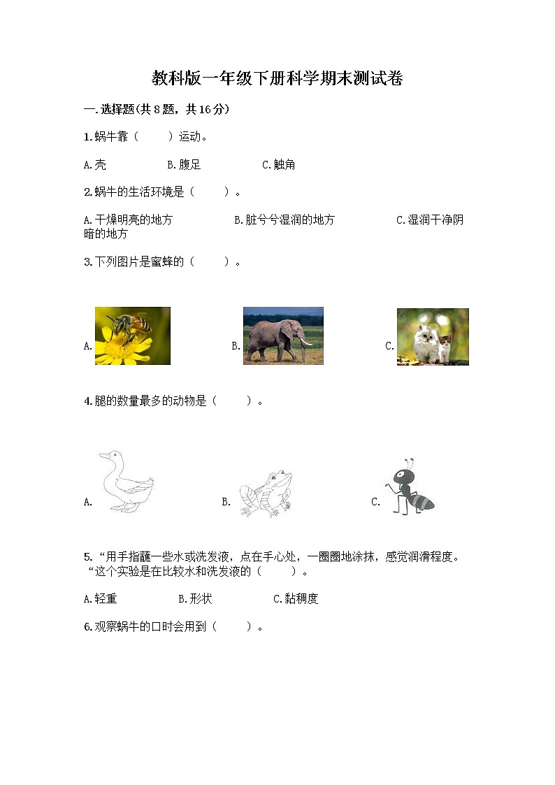 教科版一年级下册科学期末测试卷含答案（能力提升）附答案（培优）01