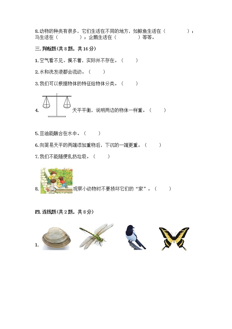 教科版一年级下册科学期末测试卷（综合题）03