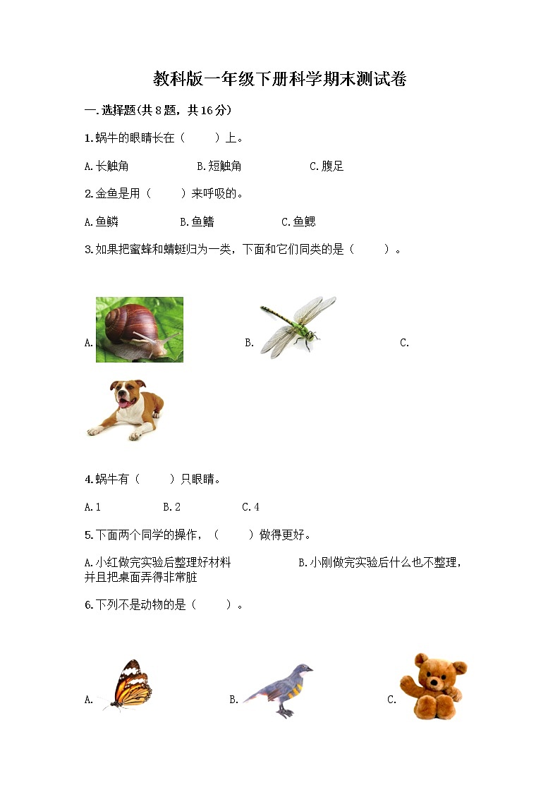 教科版一年级下册科学期末测试卷免费答案第1页