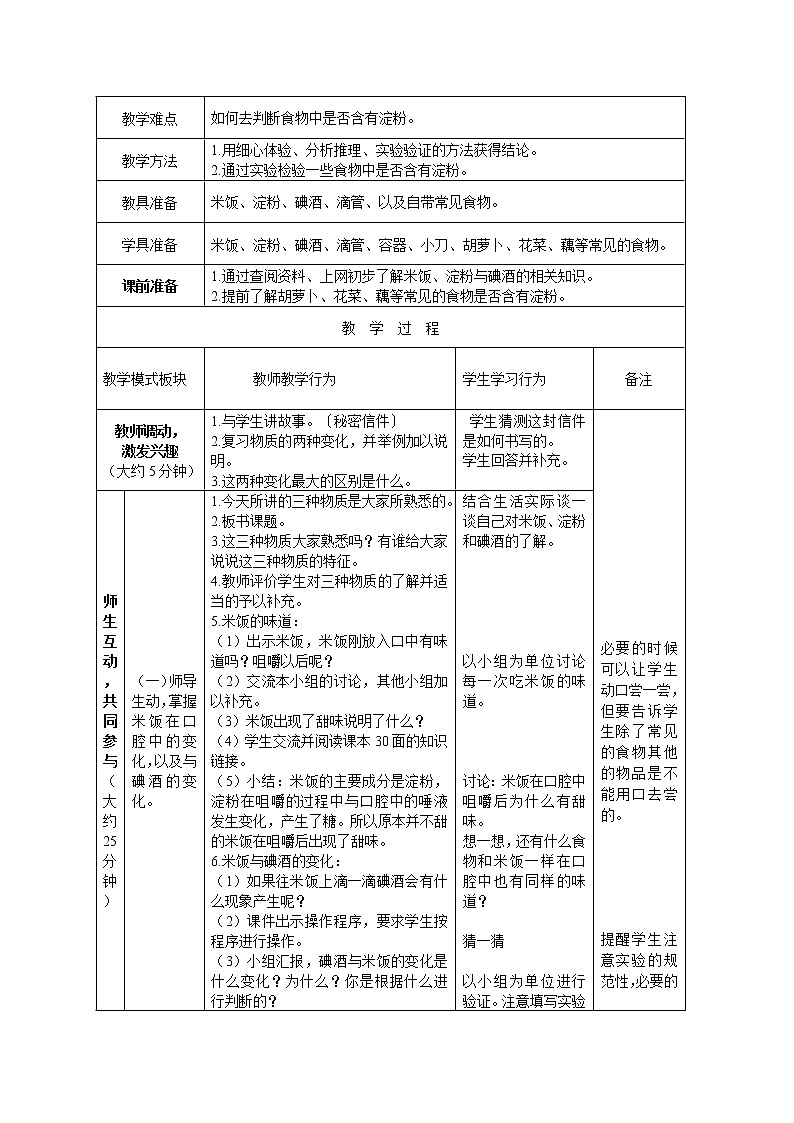 教科版（2001）科学六年级下册 2.3 米饭、淀粉和碘酒的变化(4) 教案02