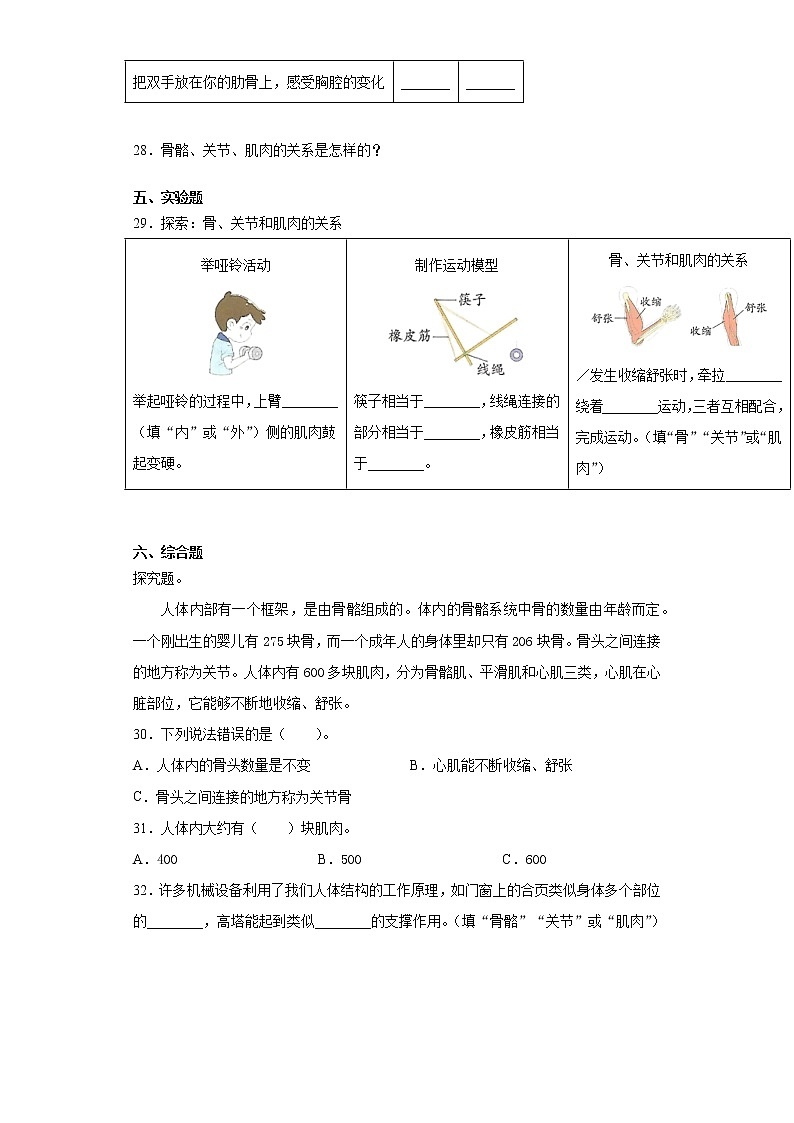 教科版五年级上册科学4.2身体的运动同步练习题（含答案）03