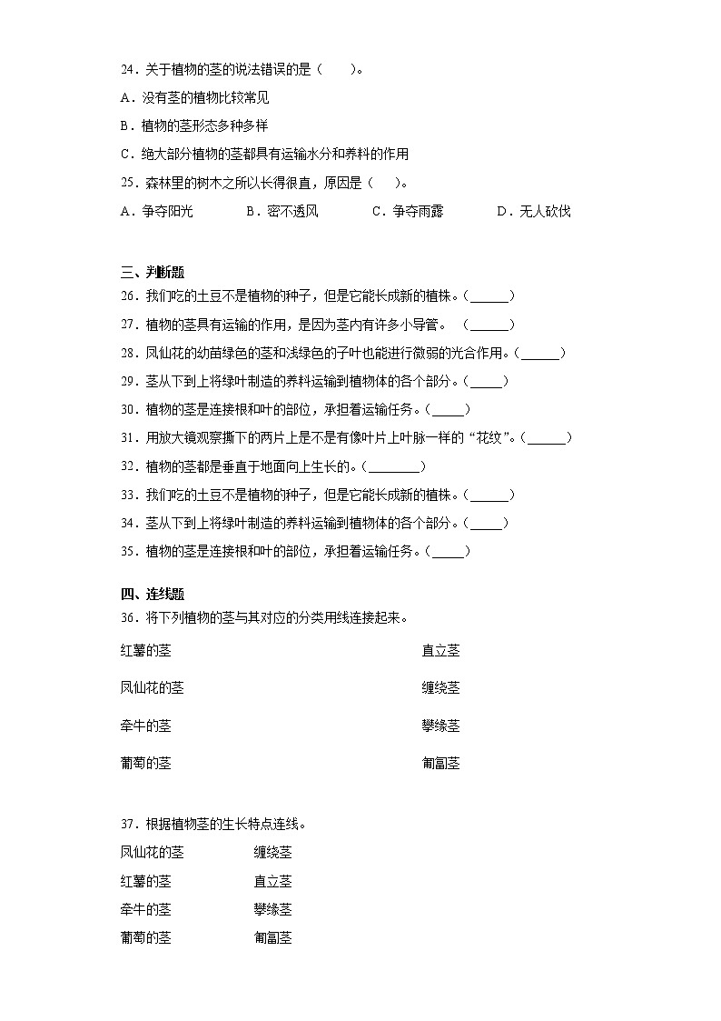 教科版四年级下册科学1.4茎和叶课课练习题（含答案）03