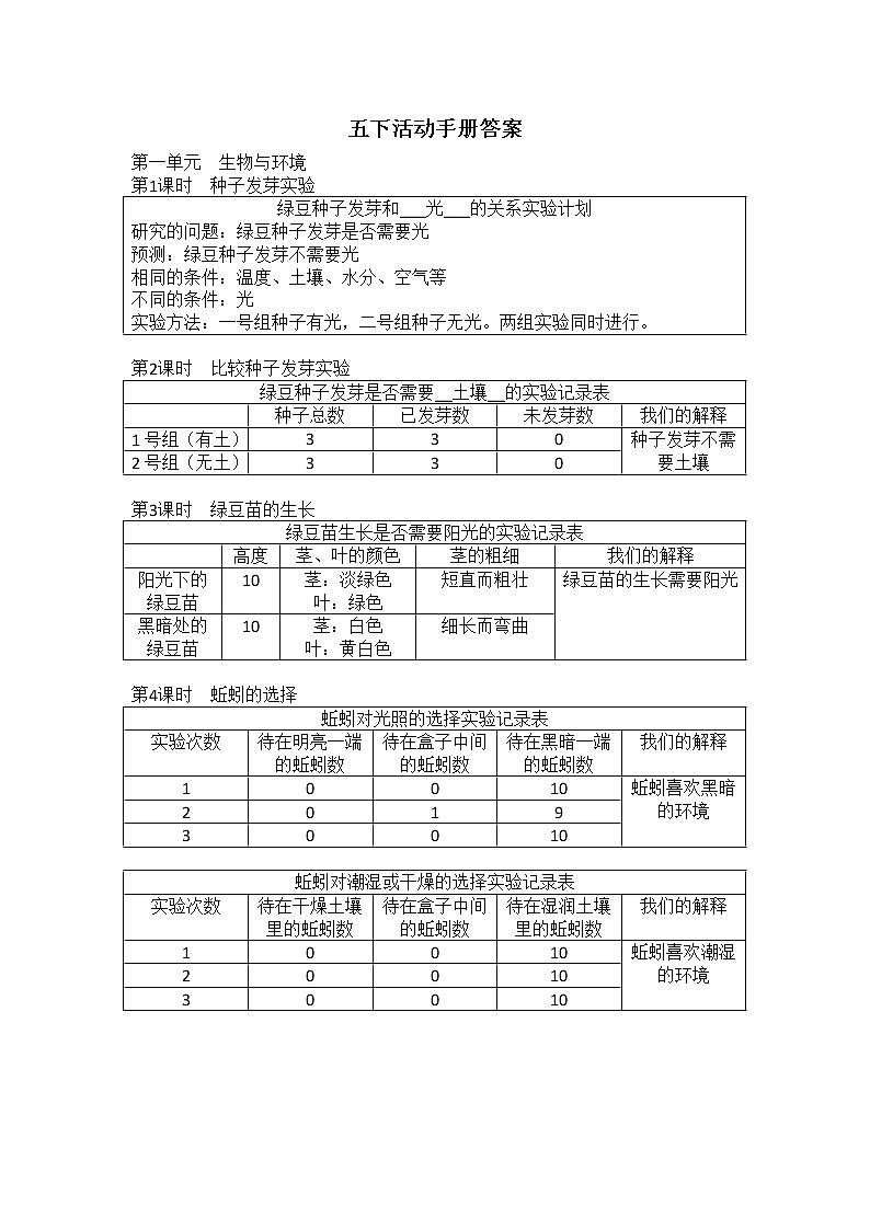 教科版（2017秋）五年级科学下册 活动手册答案01