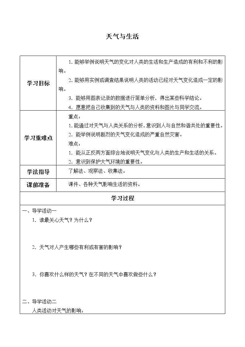四年级下册科学学案-5 天气与生活-冀人版（无答案）课件PPT01