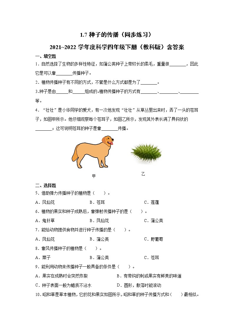 教科版（2017秋）2021--2022学年度科学四年级下册1.7种子的传播（同步练习）（含答案）第1页