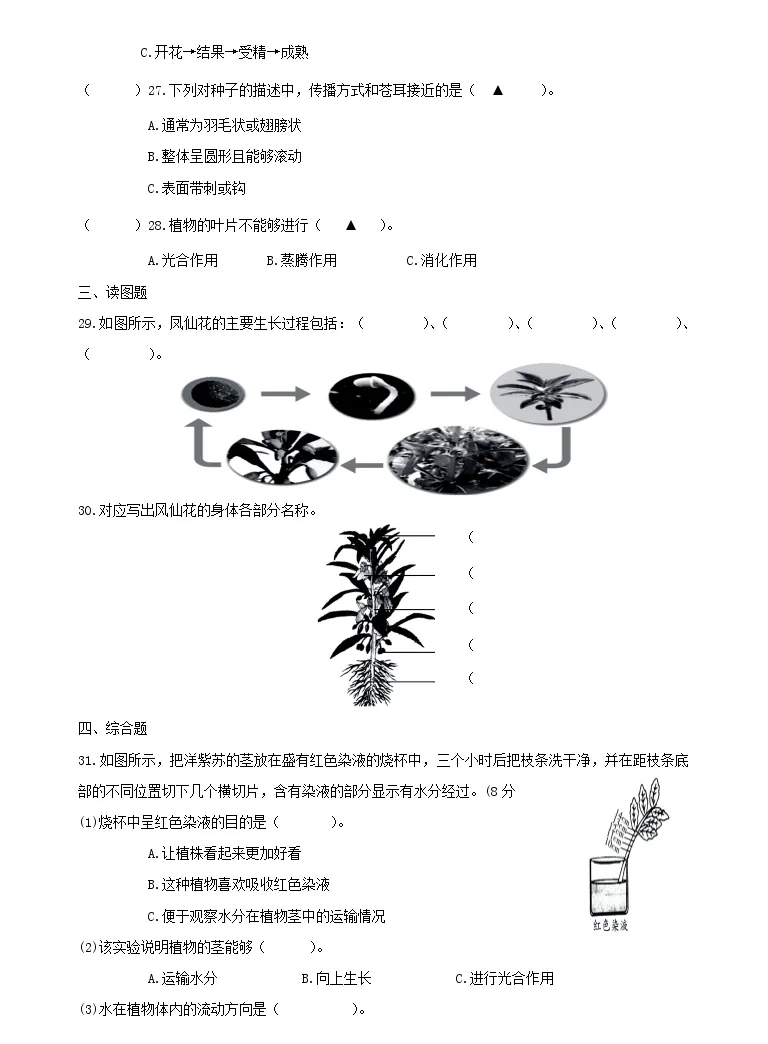 4教科版 17秋 四年级科学下册双减政策下第一单元植物的生长变化摸底练习a 含答案 教习网 试卷下载