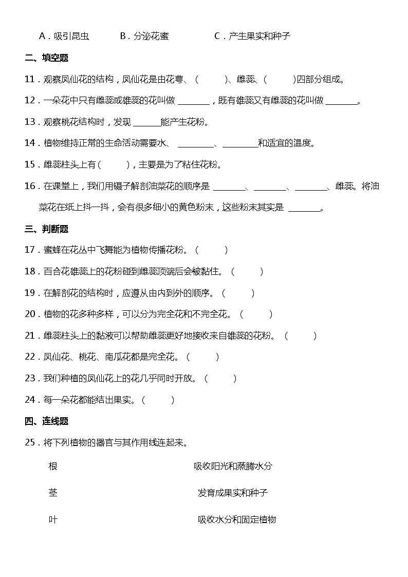 1.5《凤仙花开花了》（同步试题）2021-2022学年科学四年级下册 教科版02