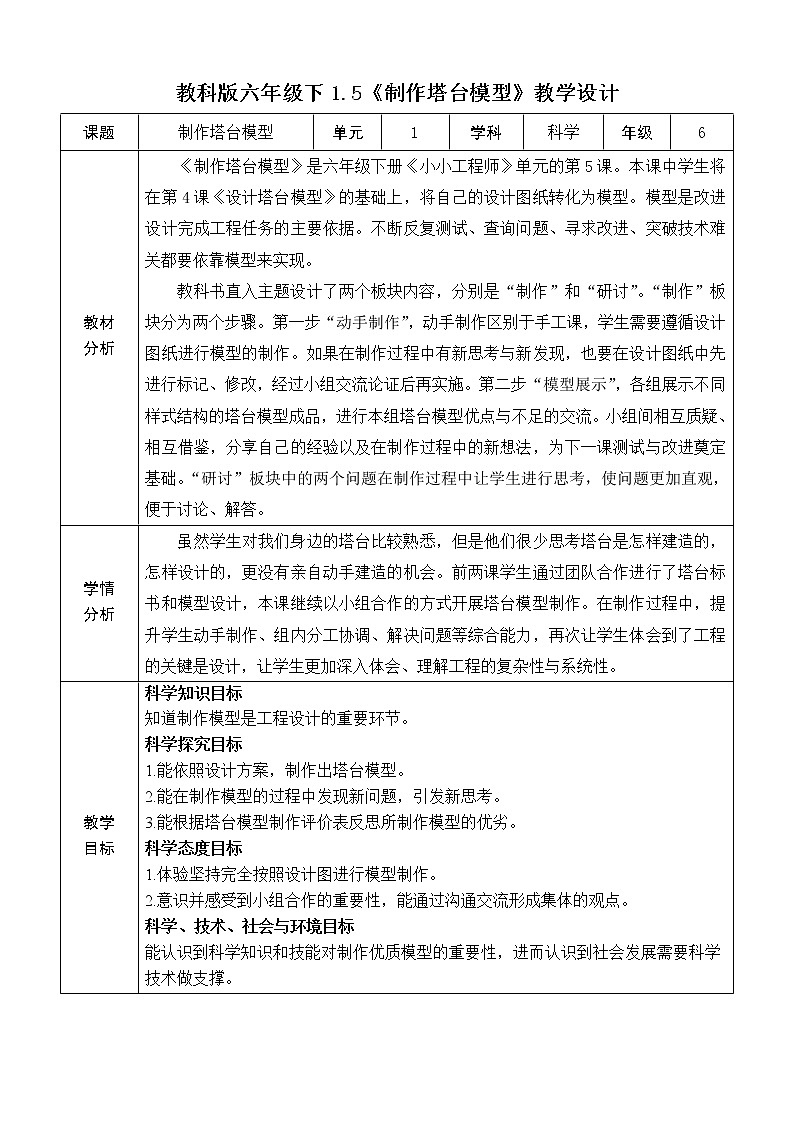 2022春教科版六年级科学下册1.5.《制作塔台模型》（课件 +教案+素材）01