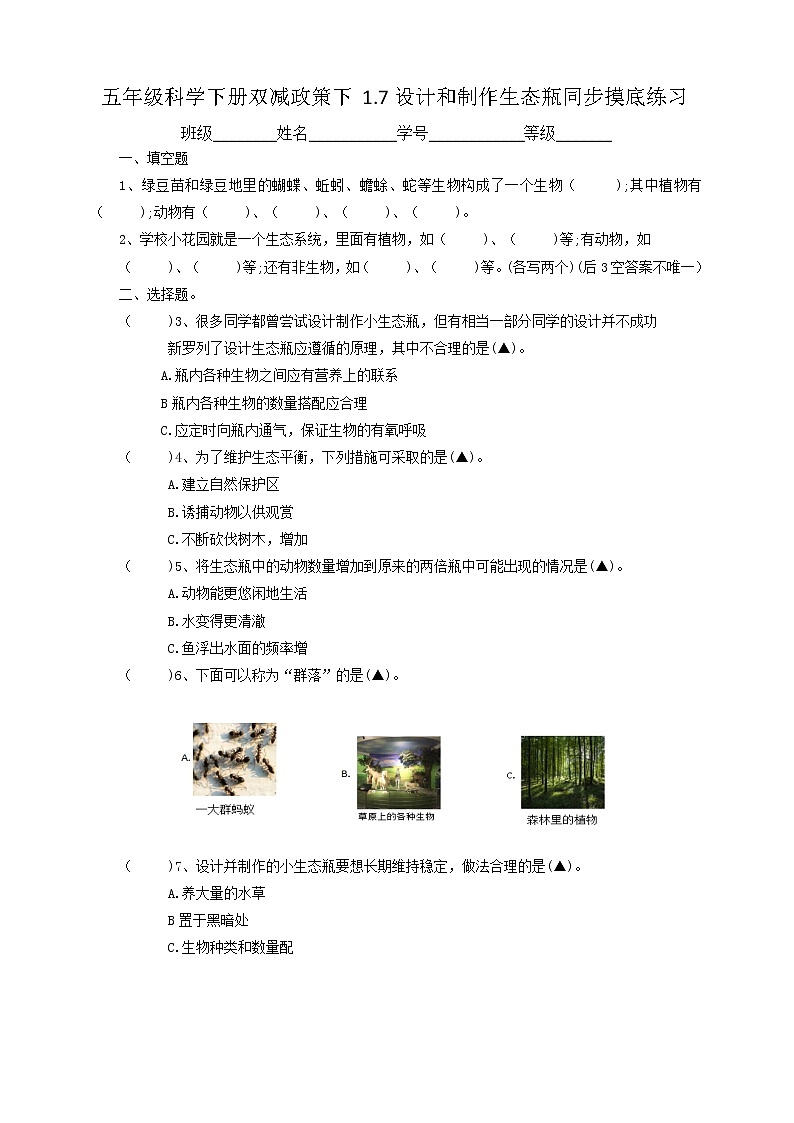 五年级科学下册双减政策下1.7设计和制作生态瓶同步摸底练习（含答案）01