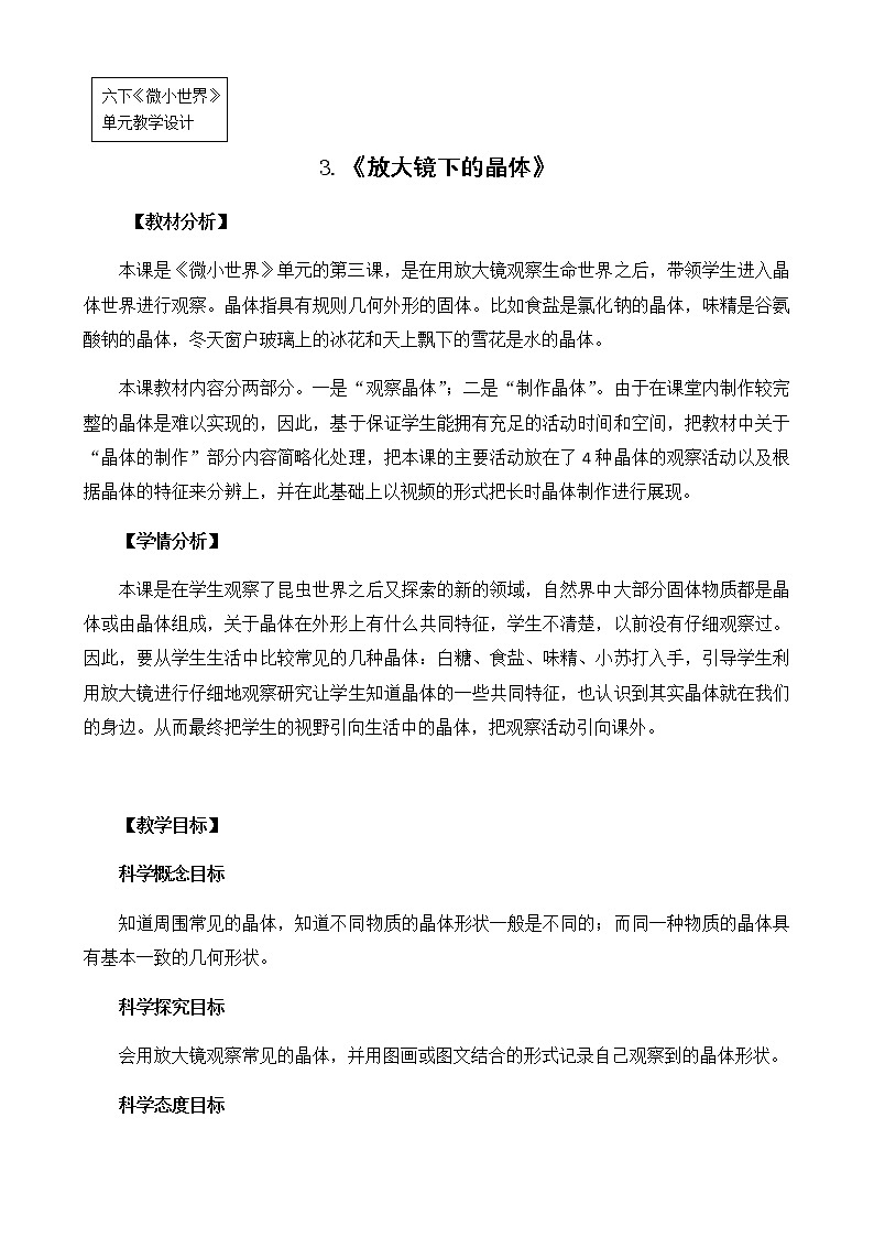 教科版小学科学六下1-3《放大镜下的晶体》教学设计第1页