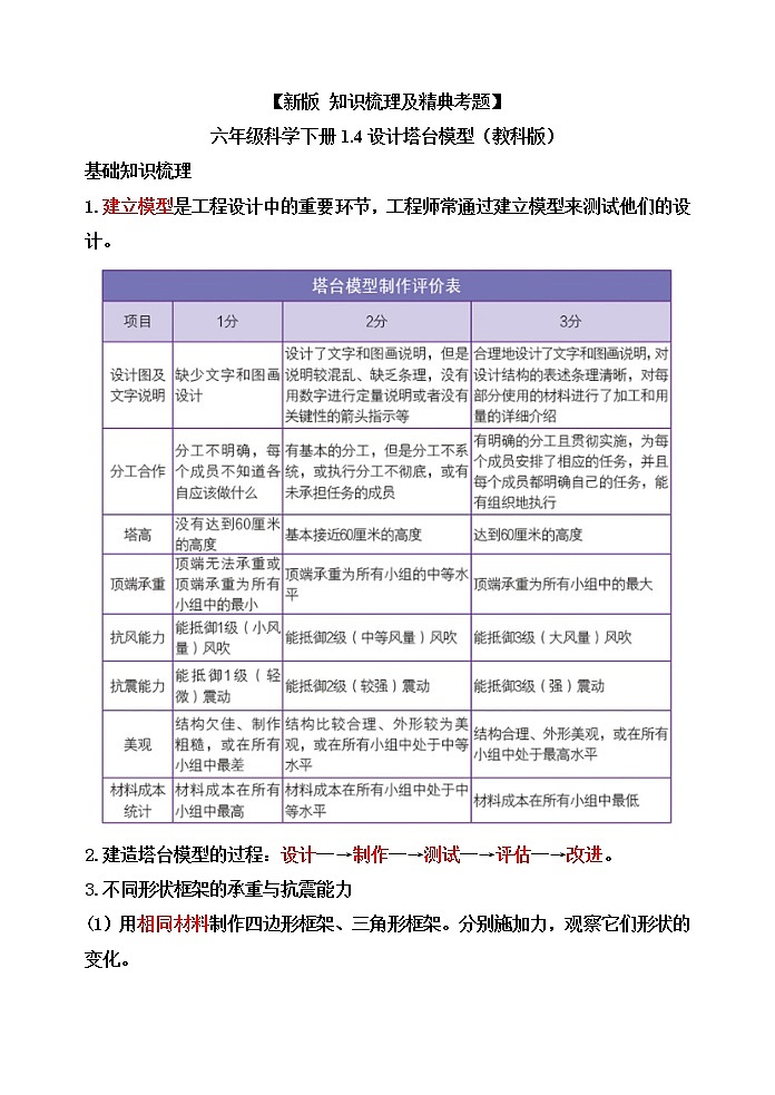 教科版六年级科学下册1.4设计塔台模型[知识梳理及典型考题]01