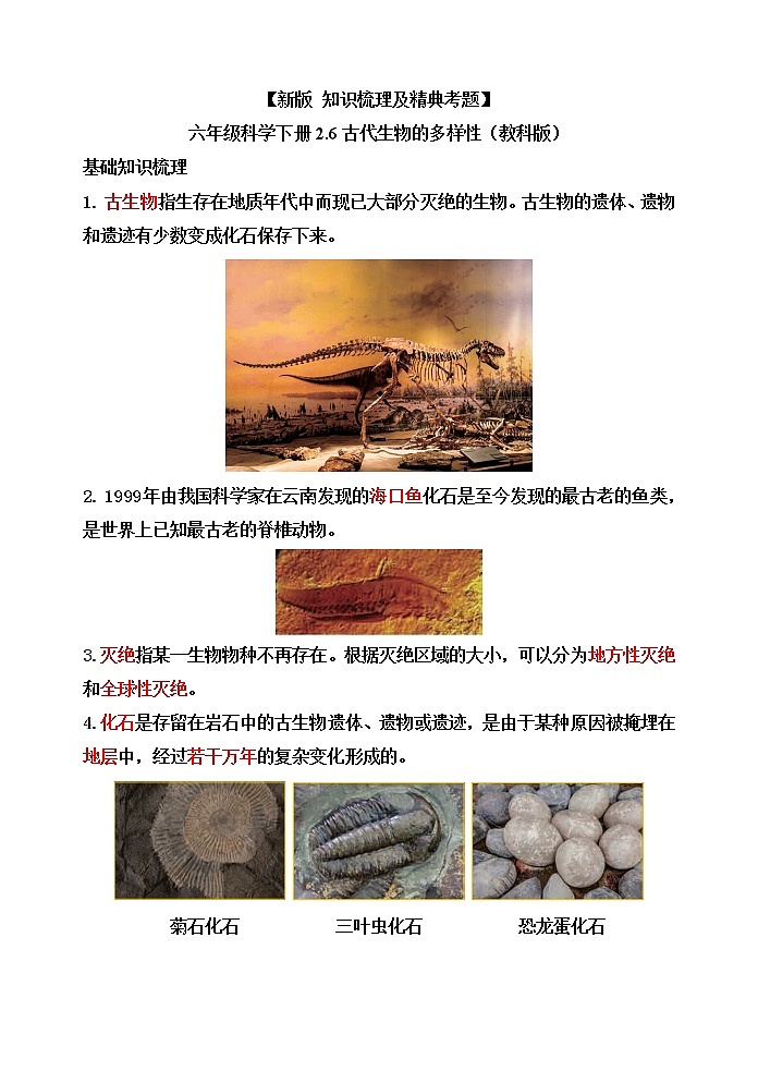 教科版六年级科学下册2.6古代生物的多样性[知识梳理及典型考题]01