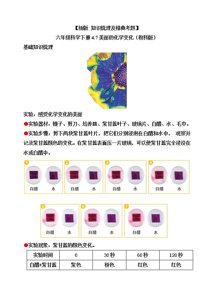 教科版六年级科学下册4.7美丽的化学变化[知识梳理及典型考题]第1页