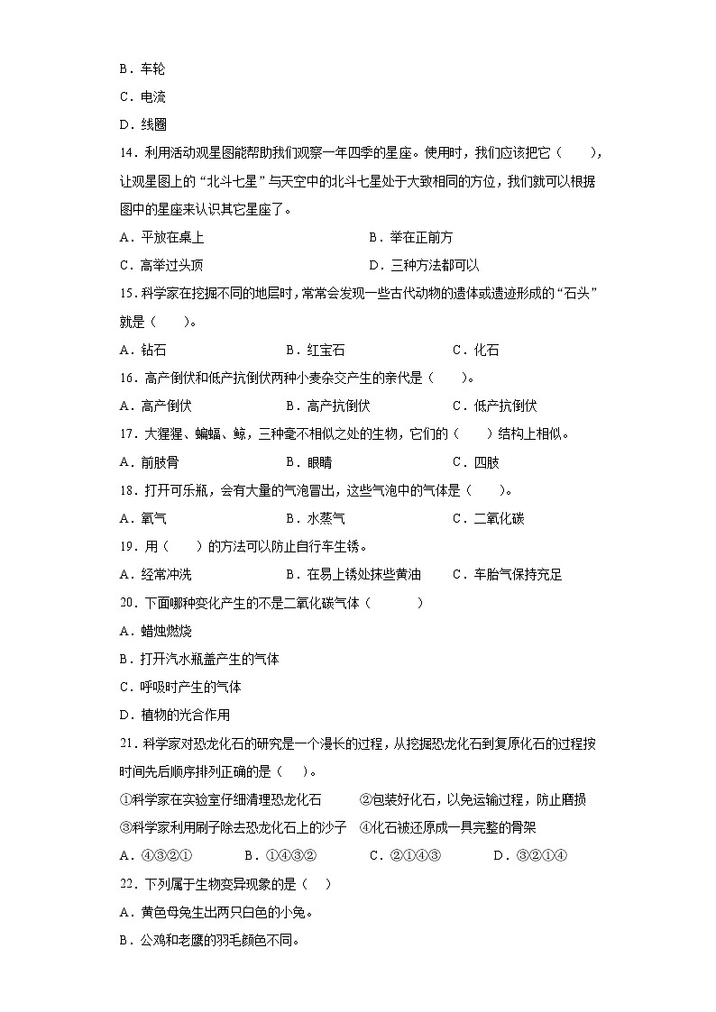 苏教版六年级上册科学期末检测A卷（含答案）02
