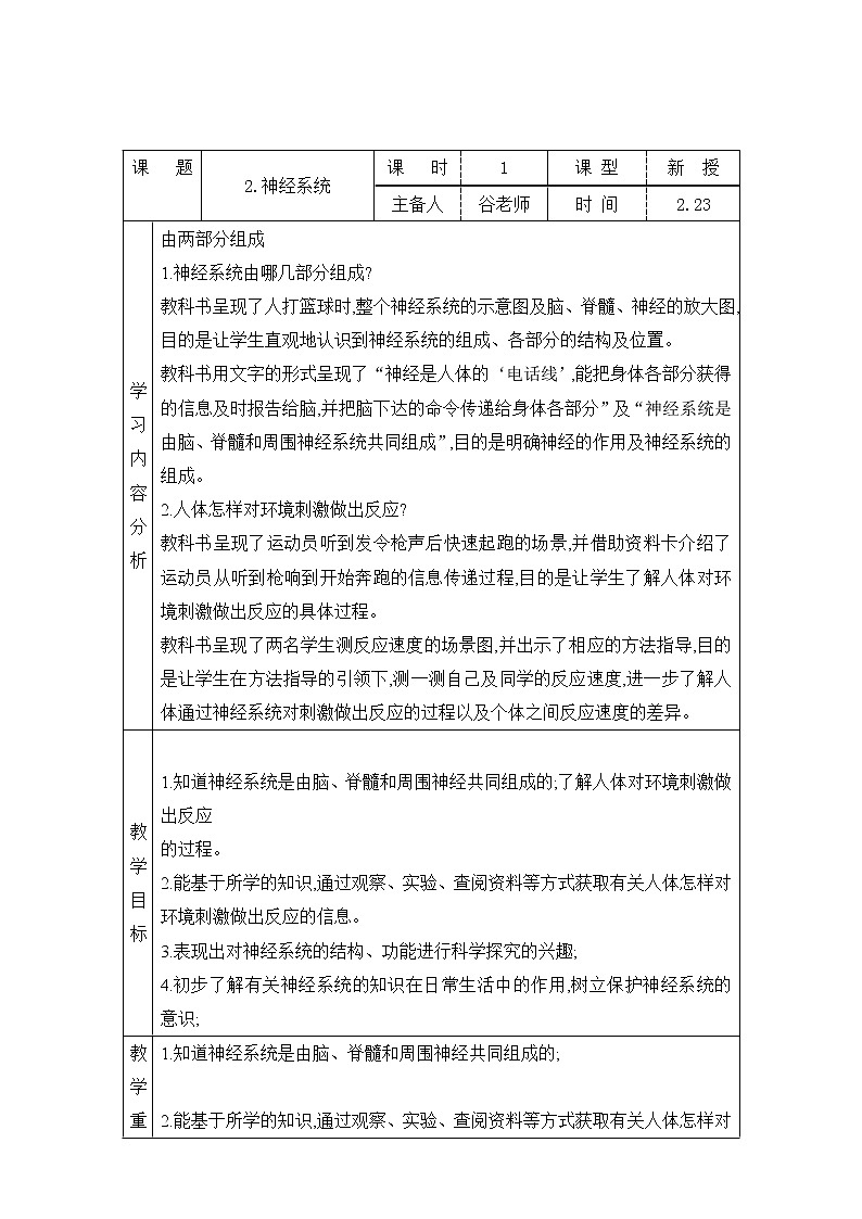 表格式教案- 2.神经系统 五年级下册科学 青岛版01