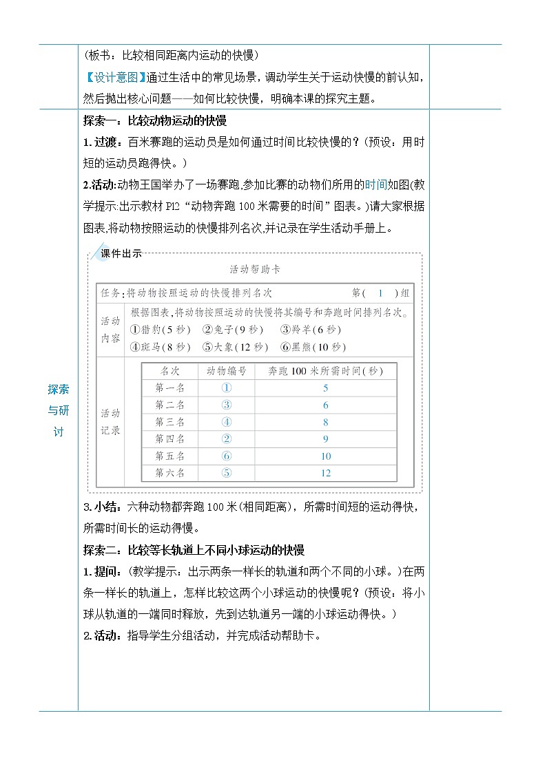 教科版三年级下册科学第一单元物体的运动《第5课 比较相同距离内运动的快慢》教案02