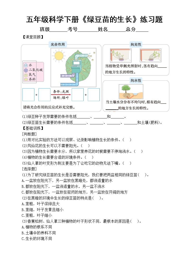 小学科学教科版五年级下册第一单元第3课《绿豆苗的生长》同步练习（附参考答案）（2022新版）第1页