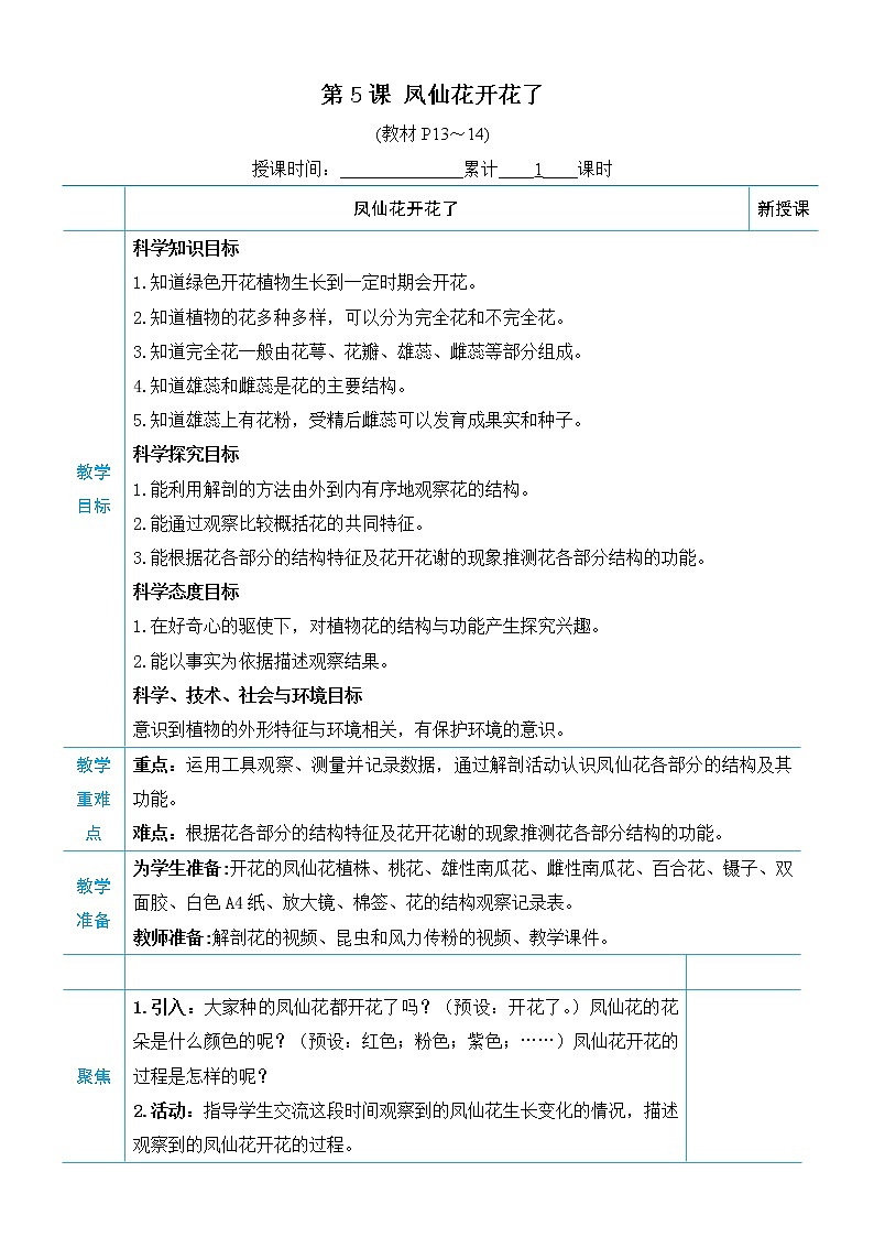 教科版四年级下册科学第一单元植物的生长变化《第5课 凤仙花开花了》教案01