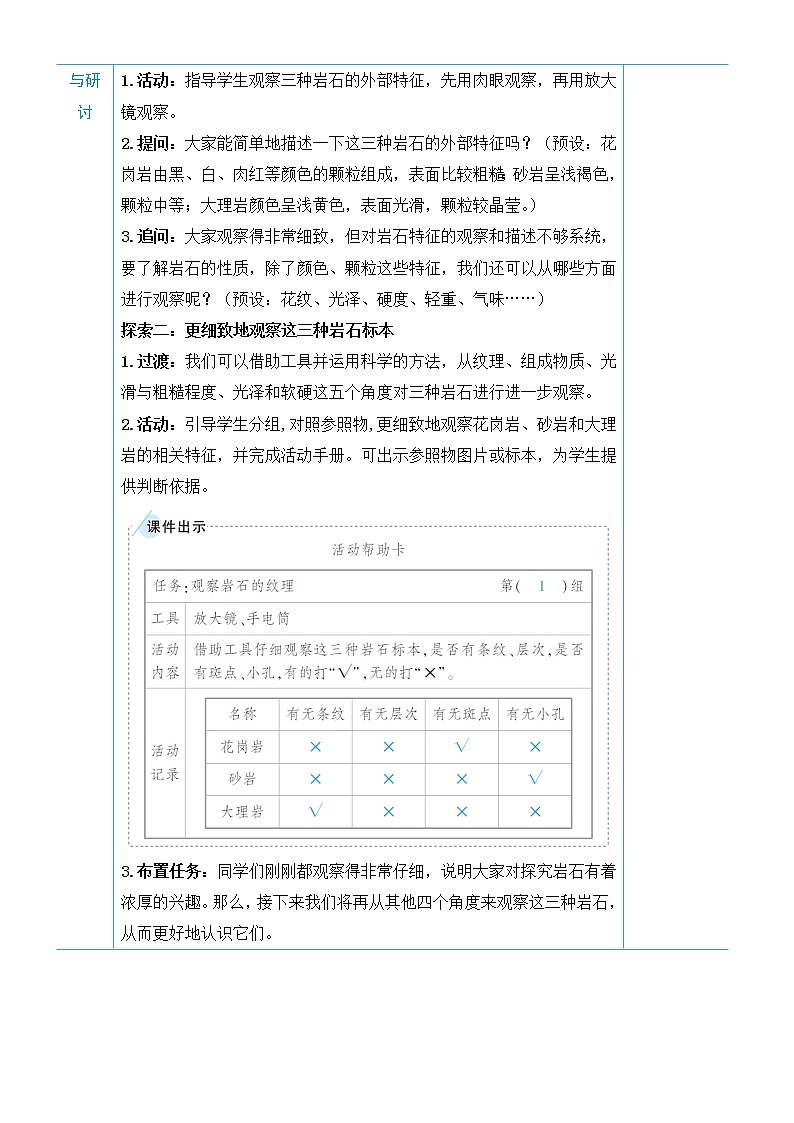 教科版四年级下册科学第三单元岩石与土壤《第2课 认识几种常见的岩石》教案第2页
