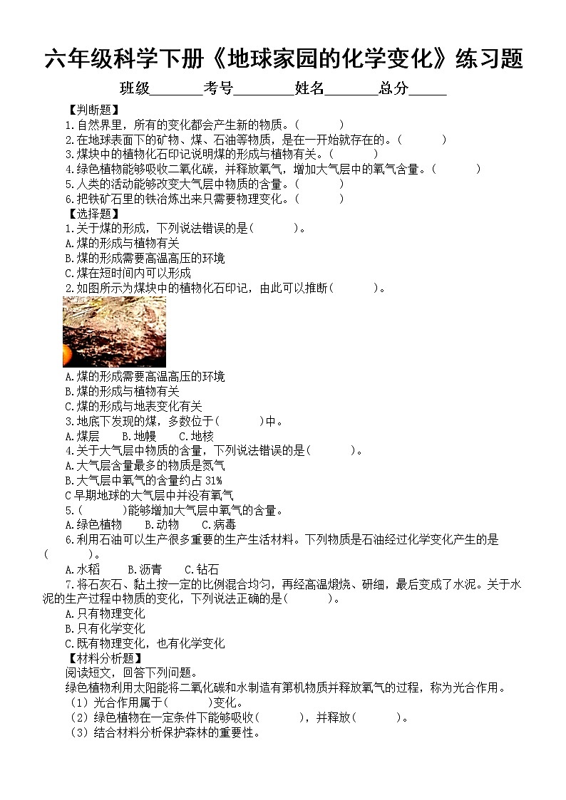 小学科学教科版六年级下册第四单元第5课《地球家园的化学变化》经典练习题（附参考答案）（2022新版）01