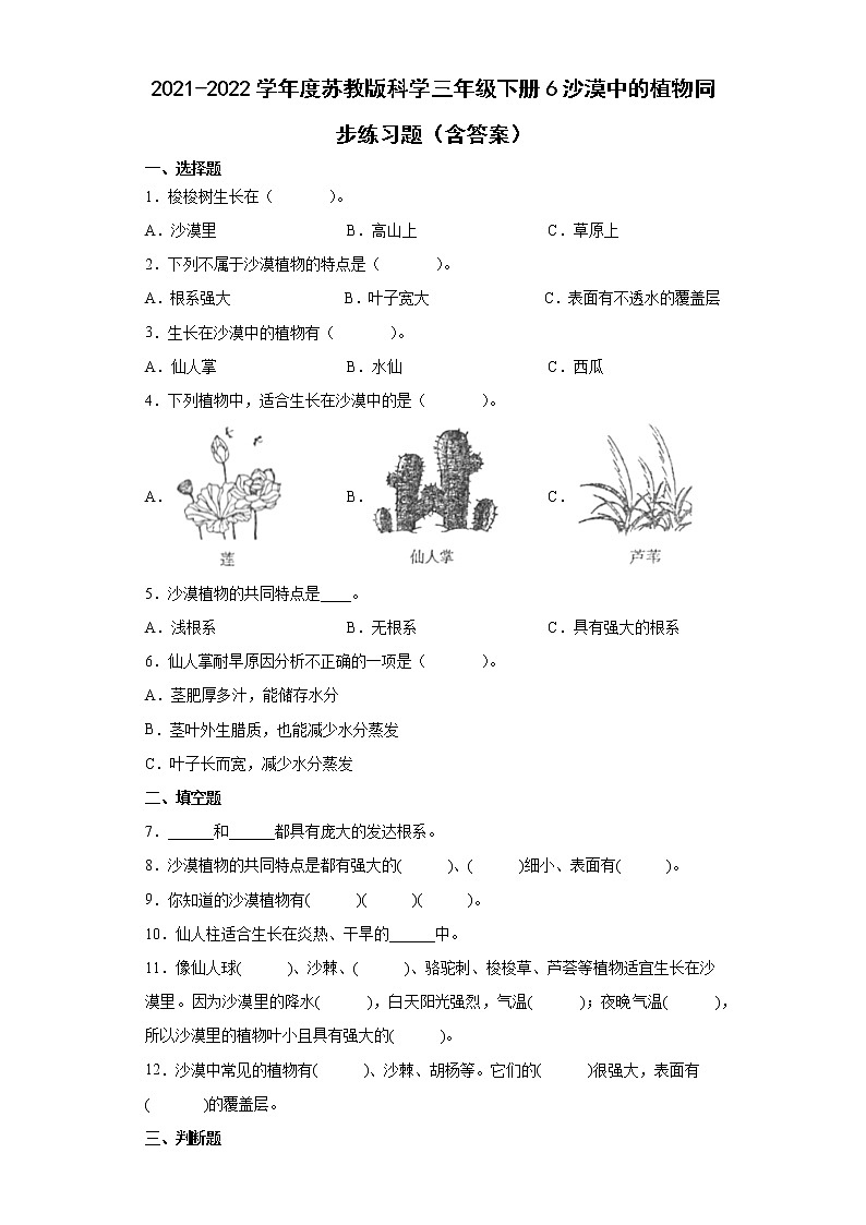2021-2022学年度苏教版科学三年级下册6沙漠中的植物同步练习题（含答案）01