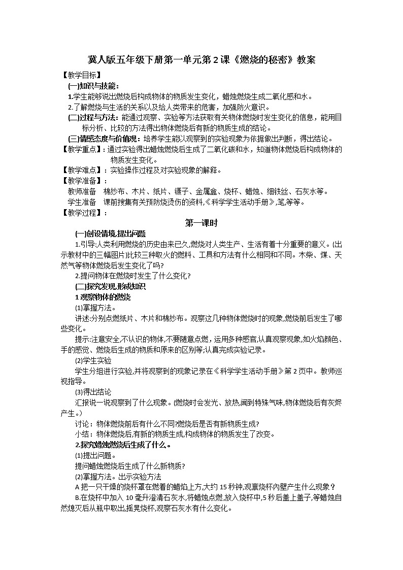 冀人版五年级下册第一单元第2课燃烧的秘密教案01