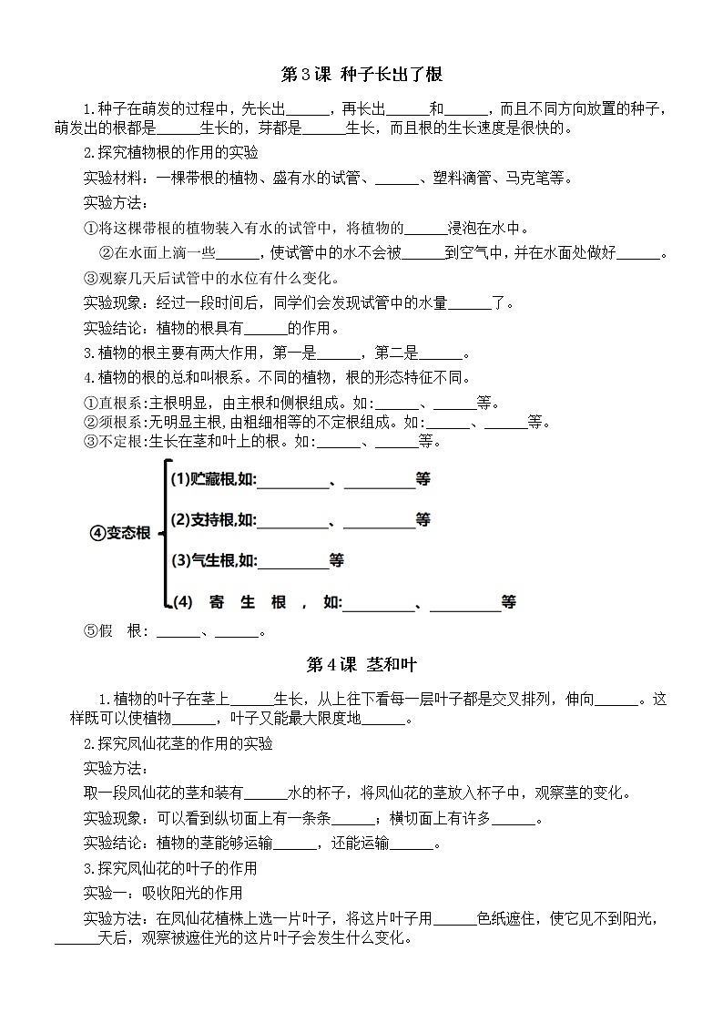 小学科学教科版四年级下册第一单元《植物的生长变化》知识点填空练习（分课时编排）（附参考答案）02