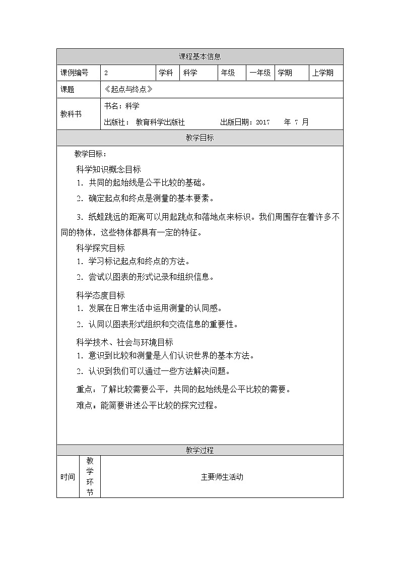 科教版小学科学一年级【科学(教科版)】起点和终点-1教学设计01