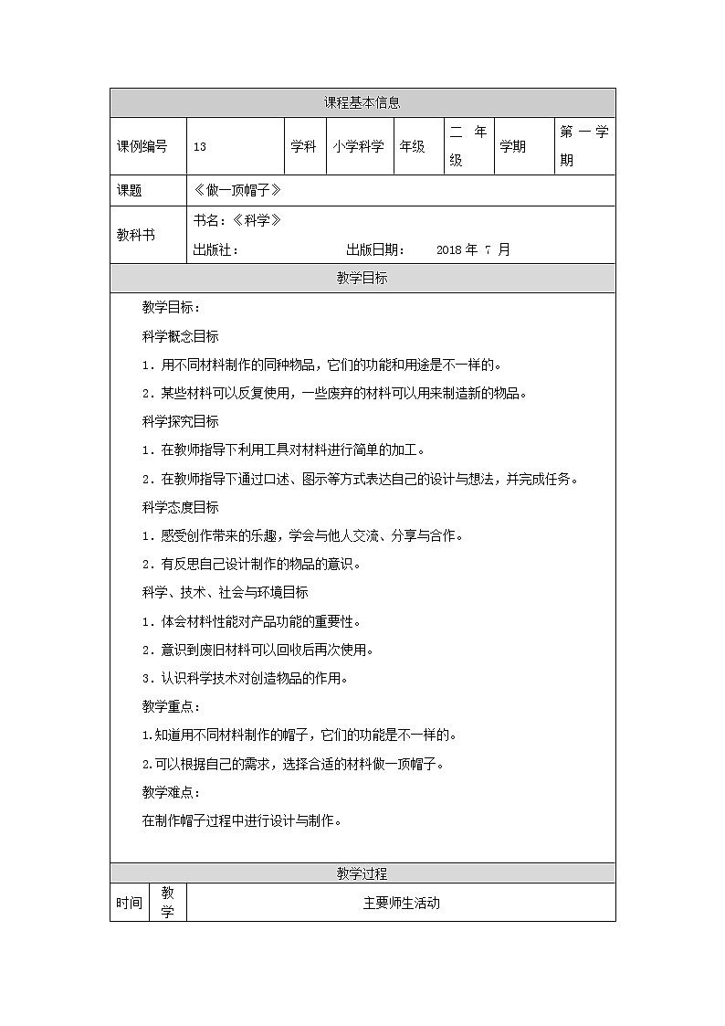 科教版小学科学二年级【科学(教科版)】做一顶帽子-1教学设计01
