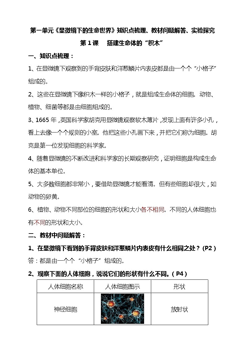 新苏教版五年级科学下册第一单元《显微镜下的生命世界》知识点梳理、教材问题解答、实验探究01