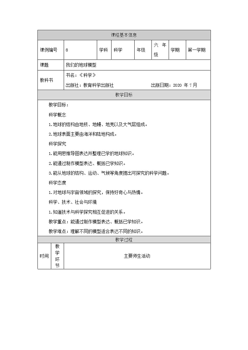 科教版小学科学六年级【科学(教科版)】我们的地球模型-1教学设计第1页