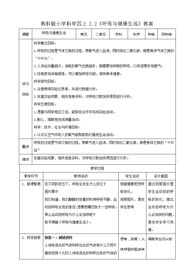 科教版小学科学2.2《呼吸与健康生活》教案第1页