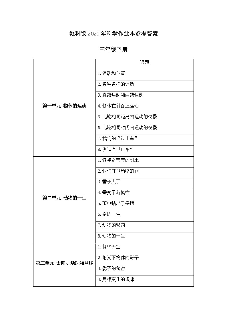 教科版（新版）小学科学三年级下册作业本参考答案（新教材）第1页