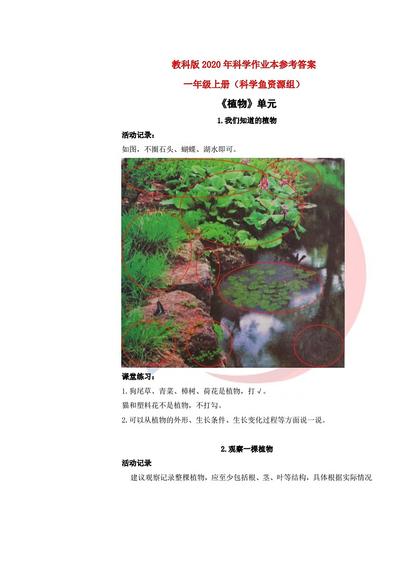 教科版（新版）小学科学一年级上册作业本参考答案（新教材） 试卷练习01