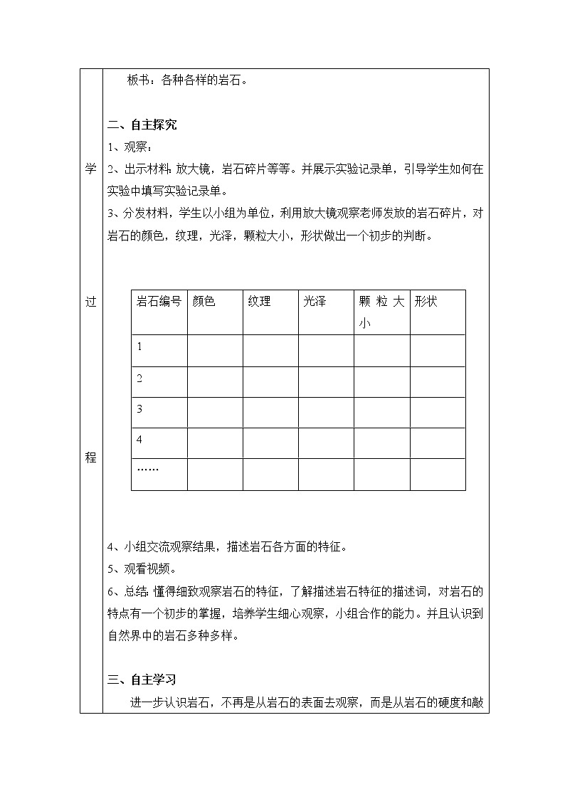 2.9-2.10 各种各样的岩石和进一步认识岩石 教案（表格式） 粤教粤科版小四科学上册02