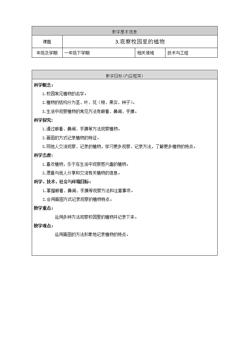鄂教人教版科学一年级下册 3 观察校园里的植物 教案01