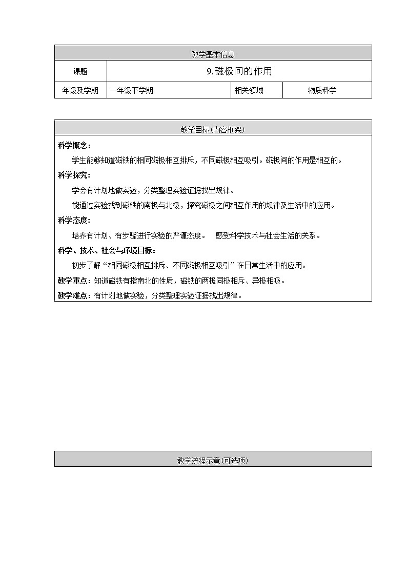 鄂教人教版科学一年级下册 9 磁极间的作用 教案第1页