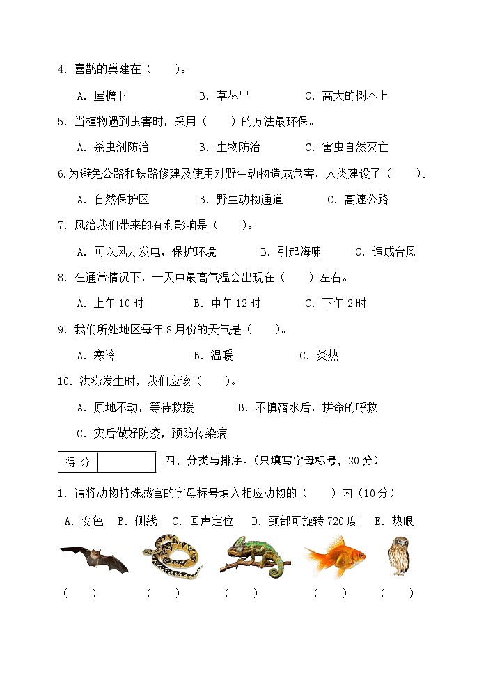 冀人版科学（2017）三年级下册期末测试卷及答案第3页