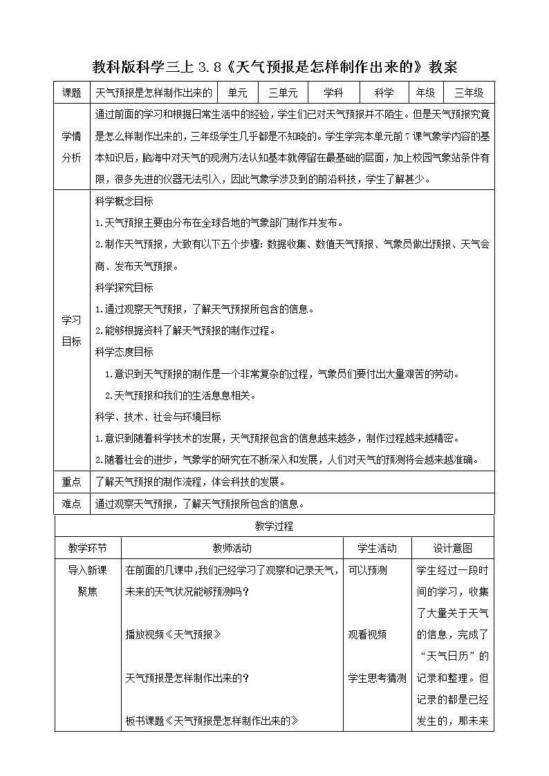 科教版小学科学3.8 《天气预报是怎么制作出来的》（教案）第1页