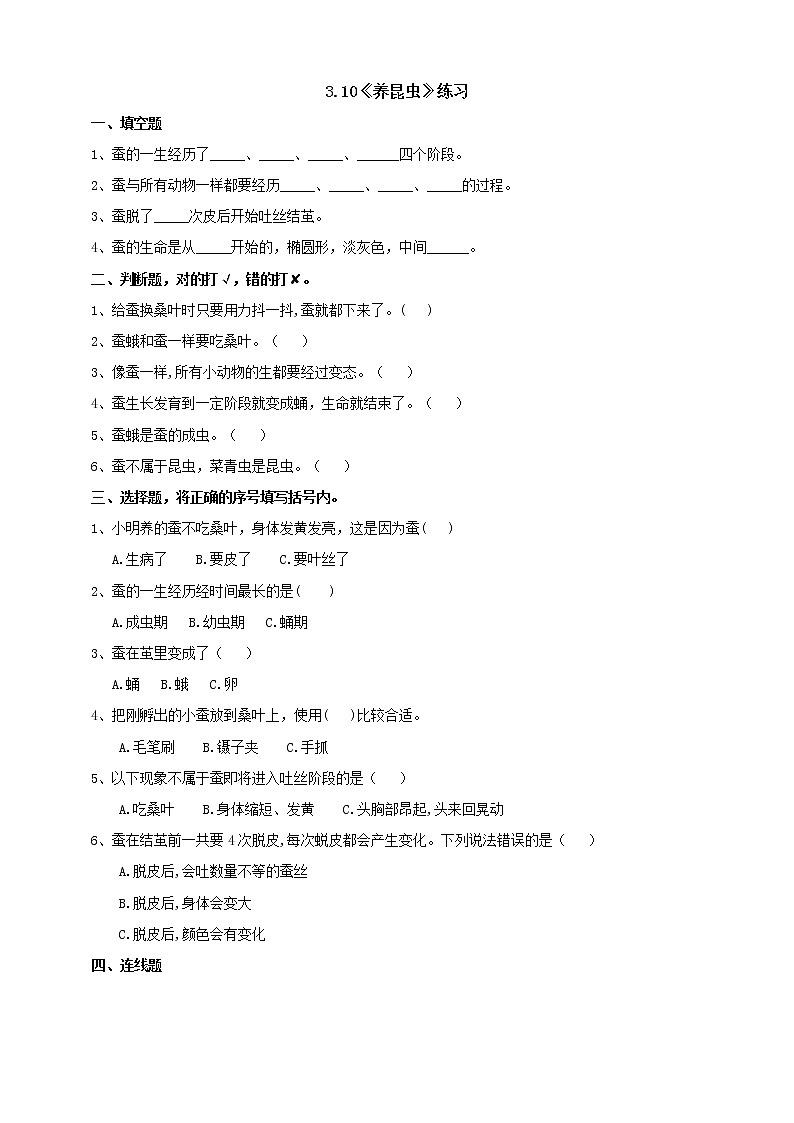 苏教版四年级科学下册3.10《养昆虫》练习（含答案）课时练习第1页