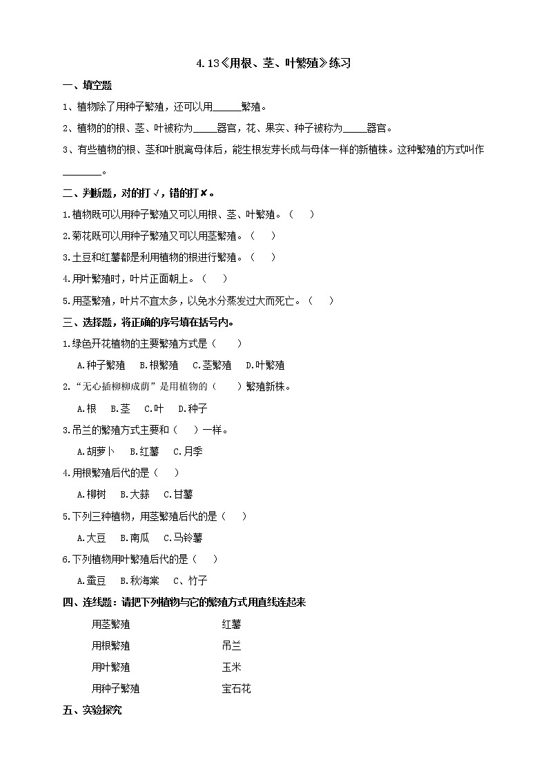 苏教版四年级科学下册4.13《用根、茎、叶繁殖》练习（含答案）课时练习第1页
