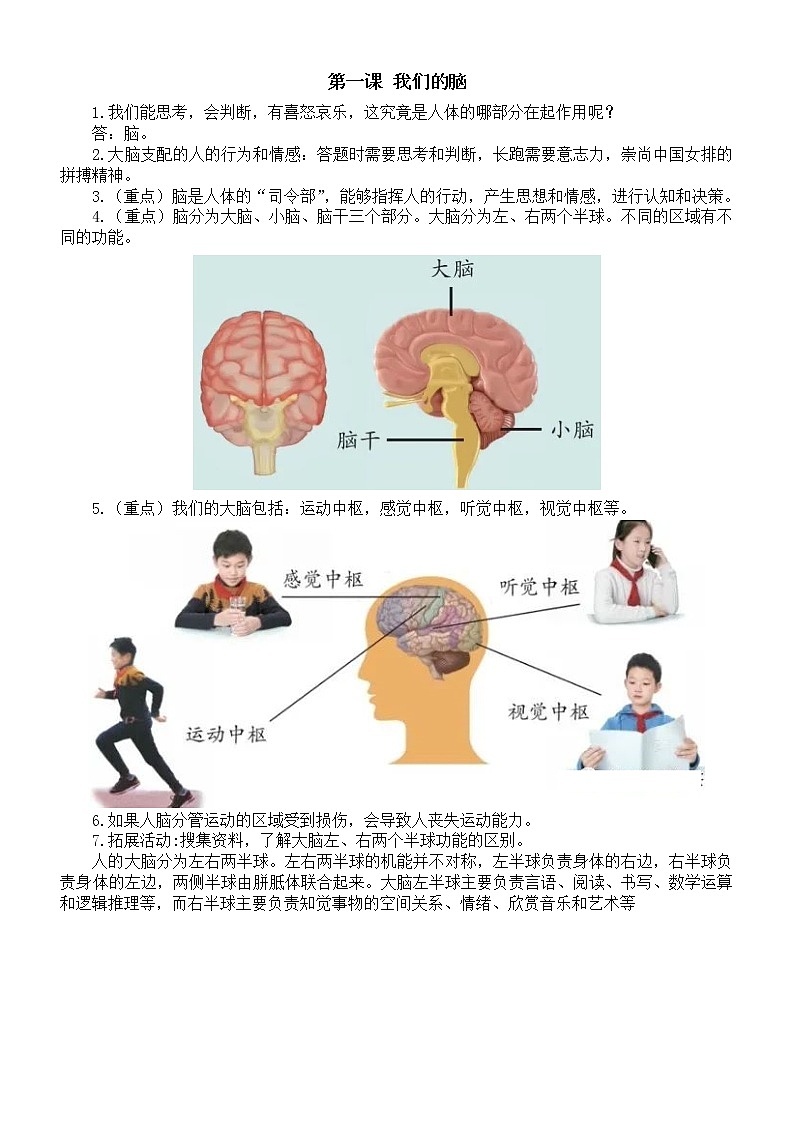 小学科学青岛版六三制五年级下册第一单元第1课《我们的脑》知识点整理01