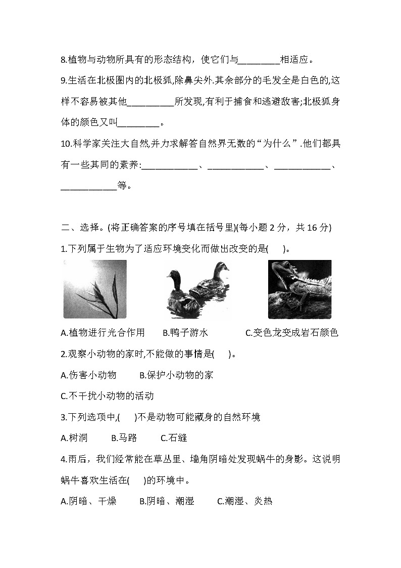 苏教版科学四年级下册 第5单元 生物与环境 测评卷 (含答案)02