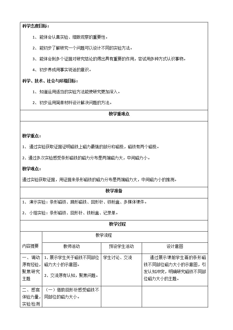 教科版（2017秋）科学二年级下册 3.磁铁的两极(1)（教案）第2页
