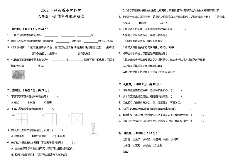 2022年教科版小学科学六年级下册期中模拟调研卷（含答案）01