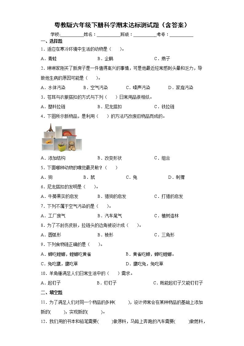 粤科版六年级下册科学期末试卷3（含答案）第1页