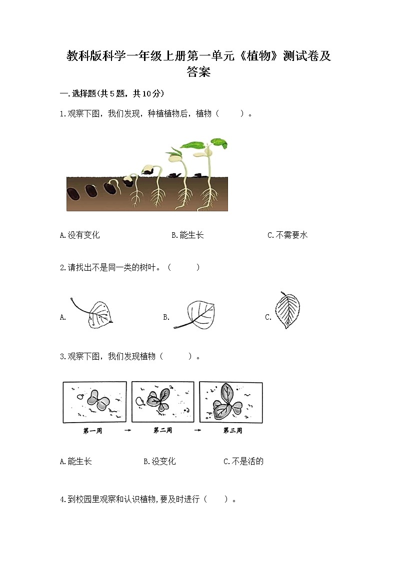 教科版科学一年级上册第一单元《植物》测试卷（精选题）word版第1页